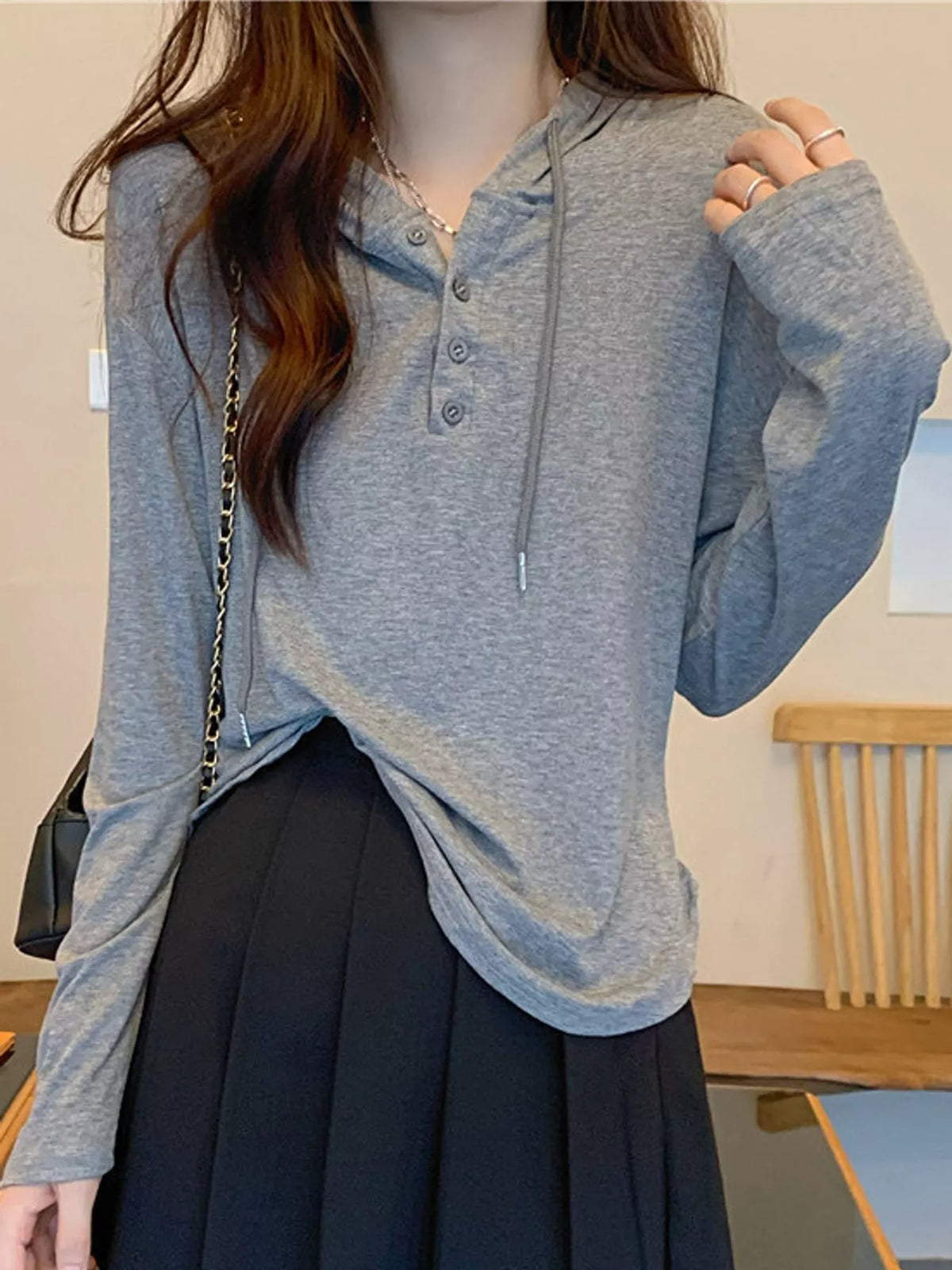 Long-Sleeve Hooded Henley T-Shirt — front view