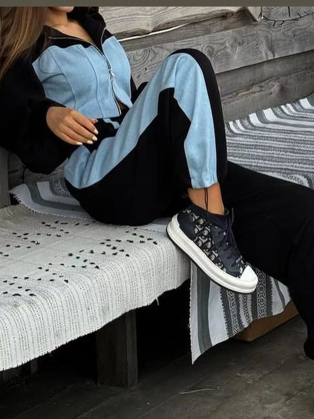 Navy and light blue color-block zip-up hoodie and wide-leg pants set — side view