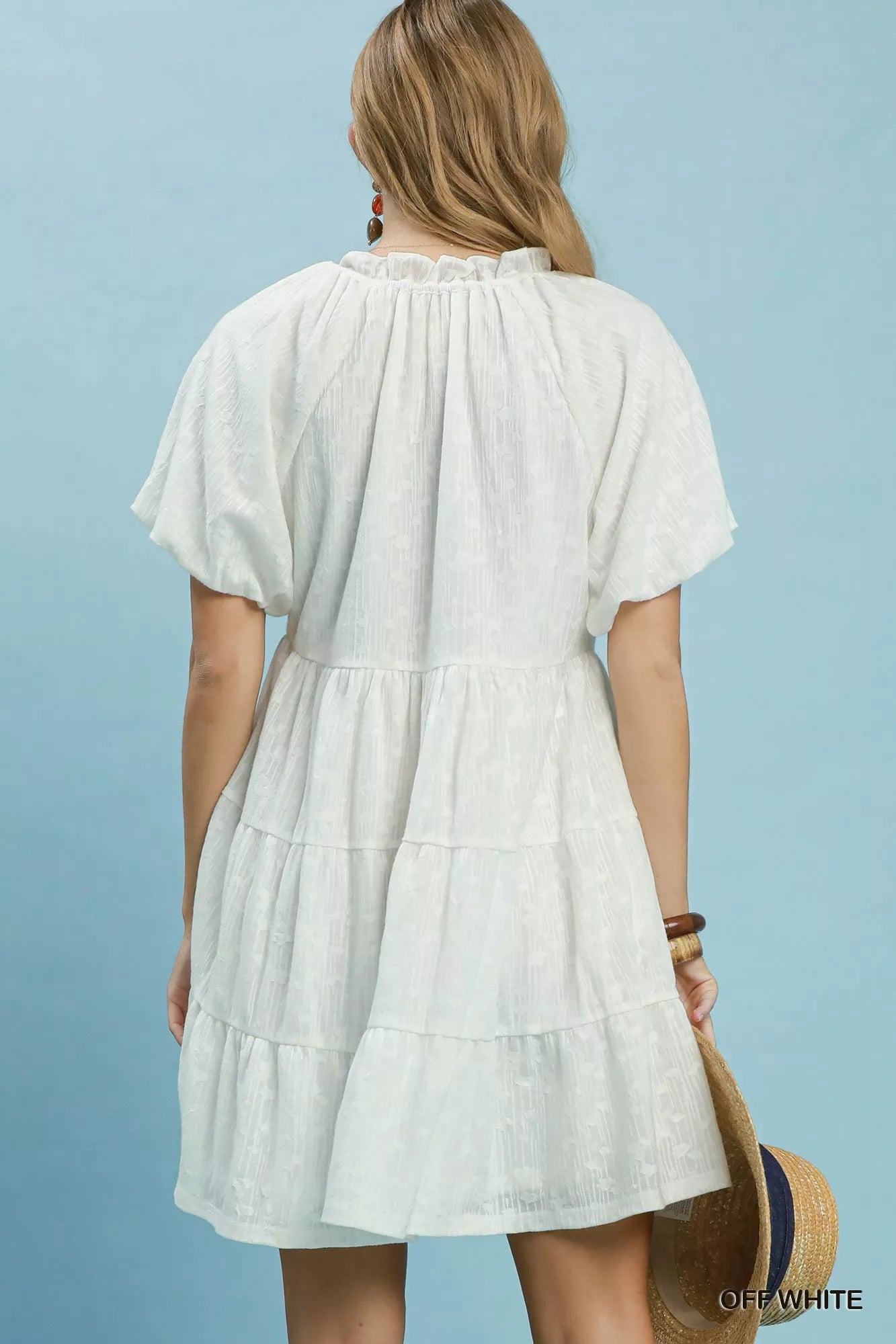 Women's jacquard mini dress with puff sleeves and V-neck - product view 3