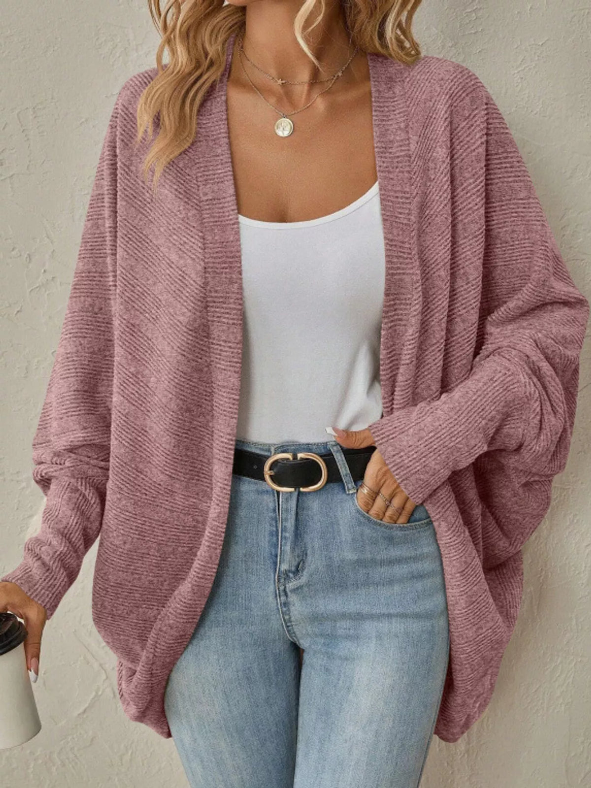 Pink open-front batwing sleeve cardigan