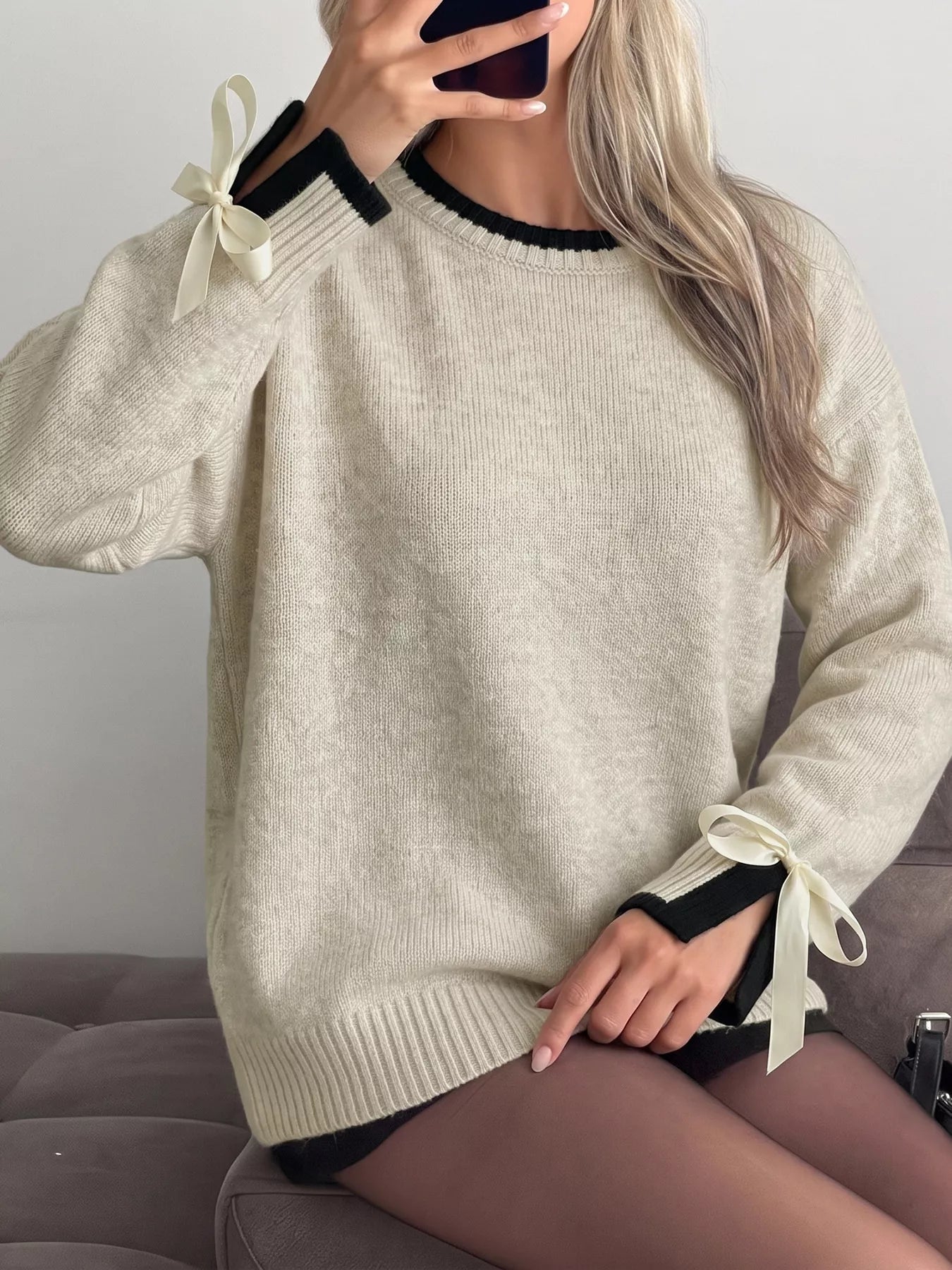Trendsi Contrast Trim Ribbed Cuff Tie-Sleeve Sweater -