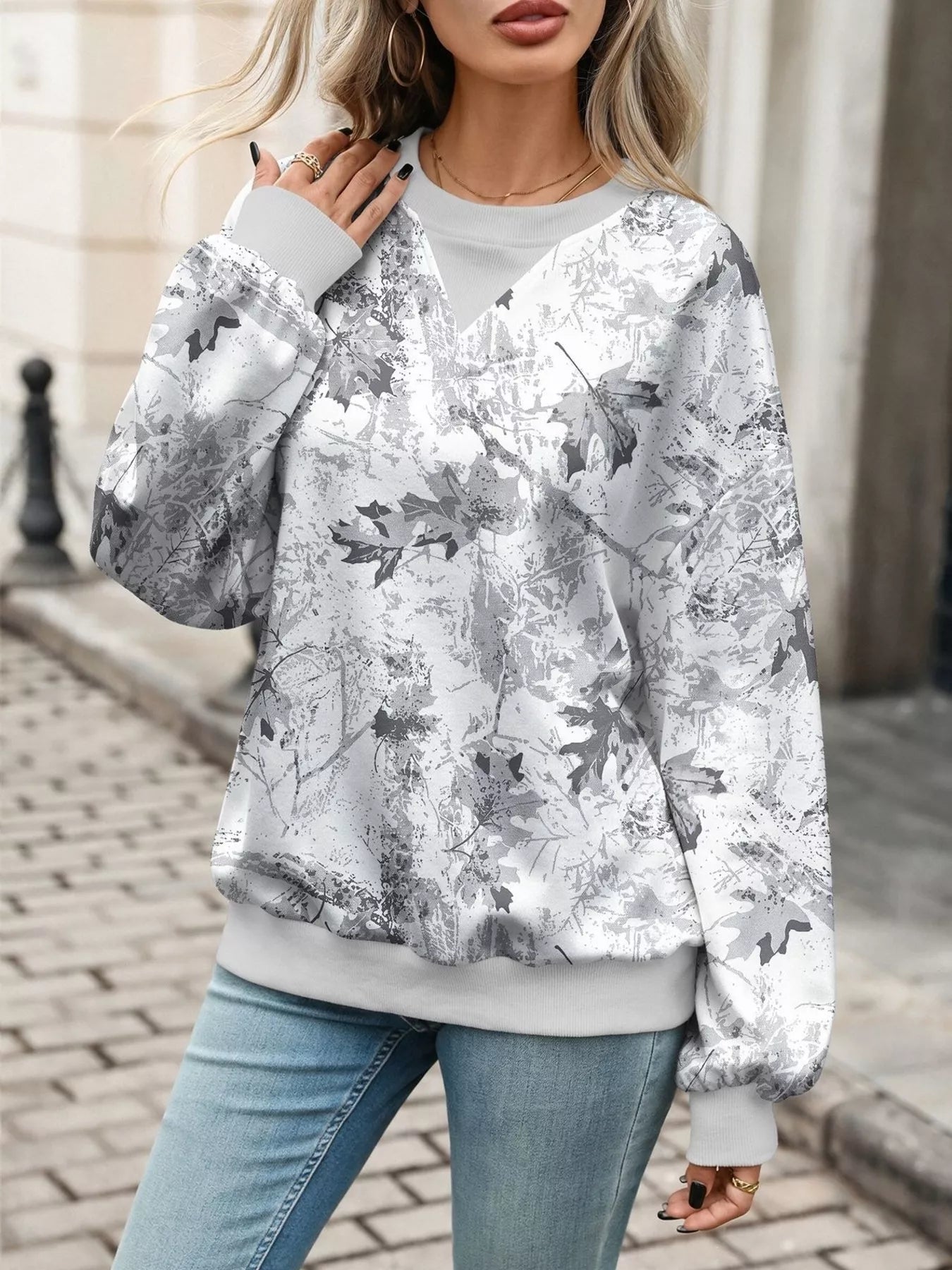 Trendsi Leaf Print Sweatshirt with Contrasting Trim -