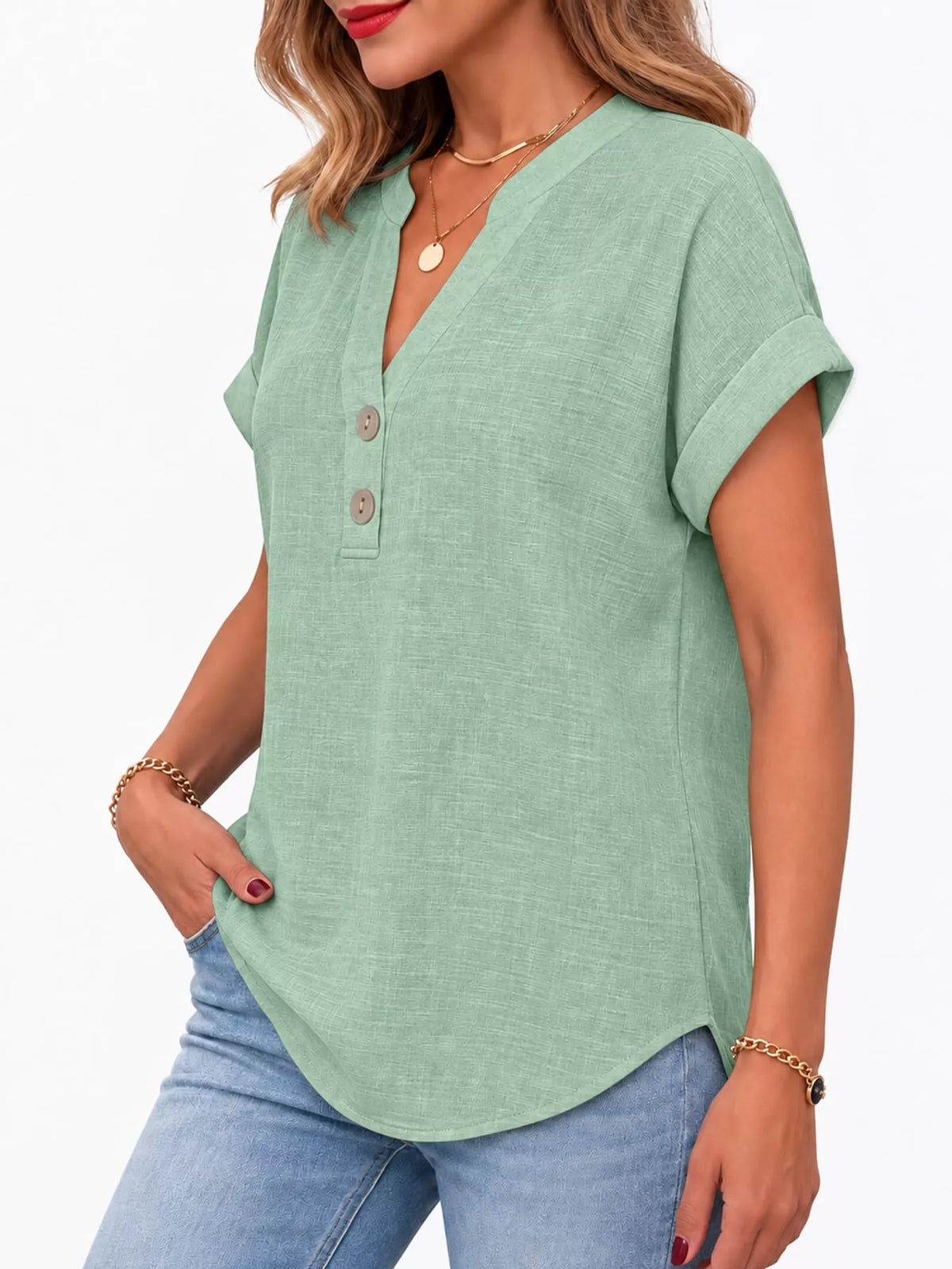 Green button detail short sleeve blouse, side view