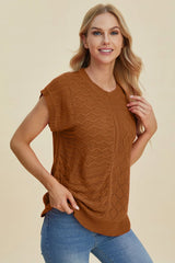 Trendsi Double Take Full Size Cable-Knit Round Neck Cap Sleeve Sweater - Shirts