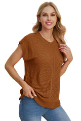 Trendsi Double Take Full Size Cable-Knit Round Neck Cap Sleeve Sweater - Shirts