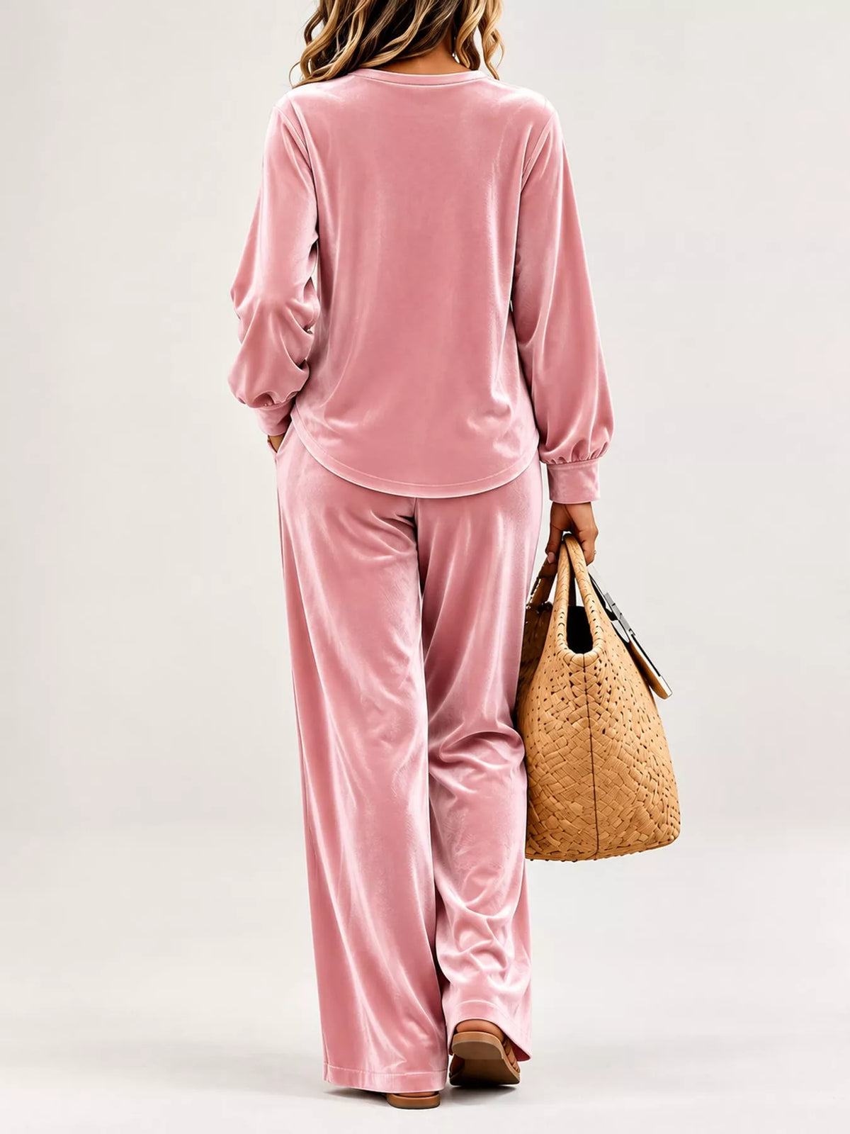 Pink decorative button top and pants set — back view