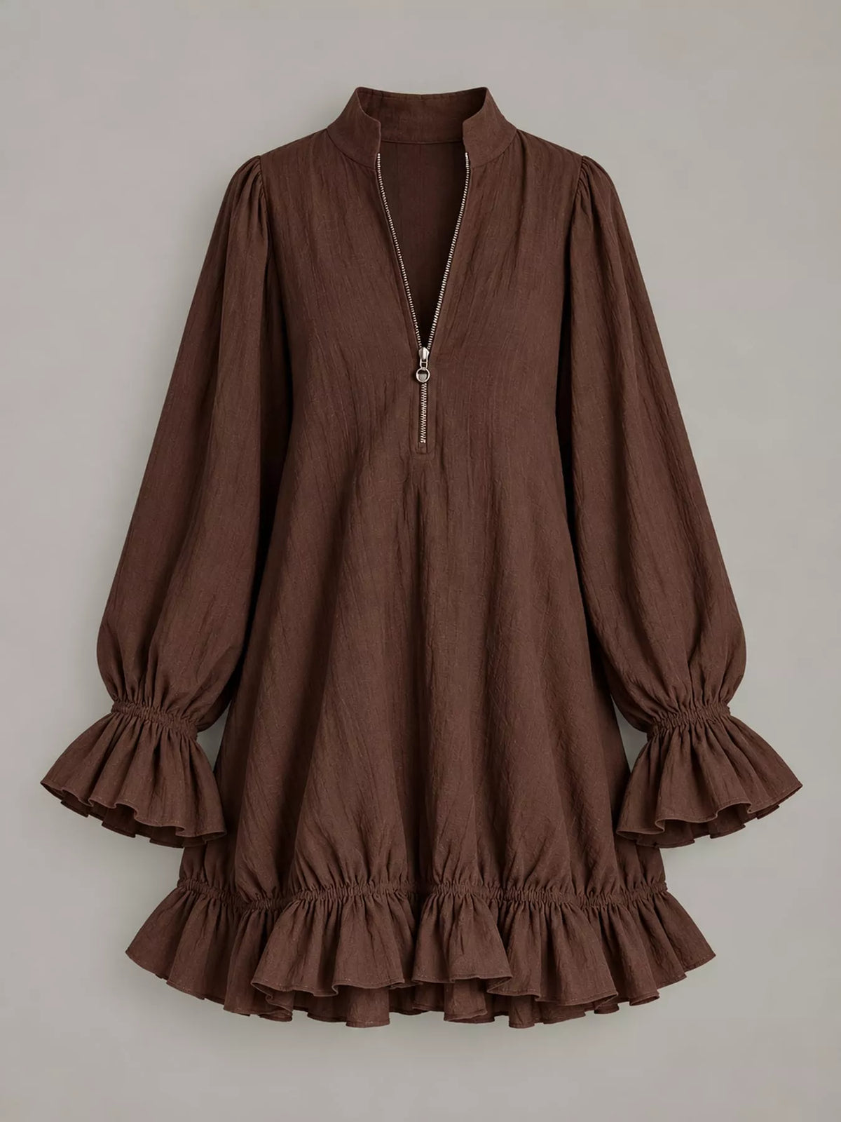 Ruffled-hem mini dress, brown flat front