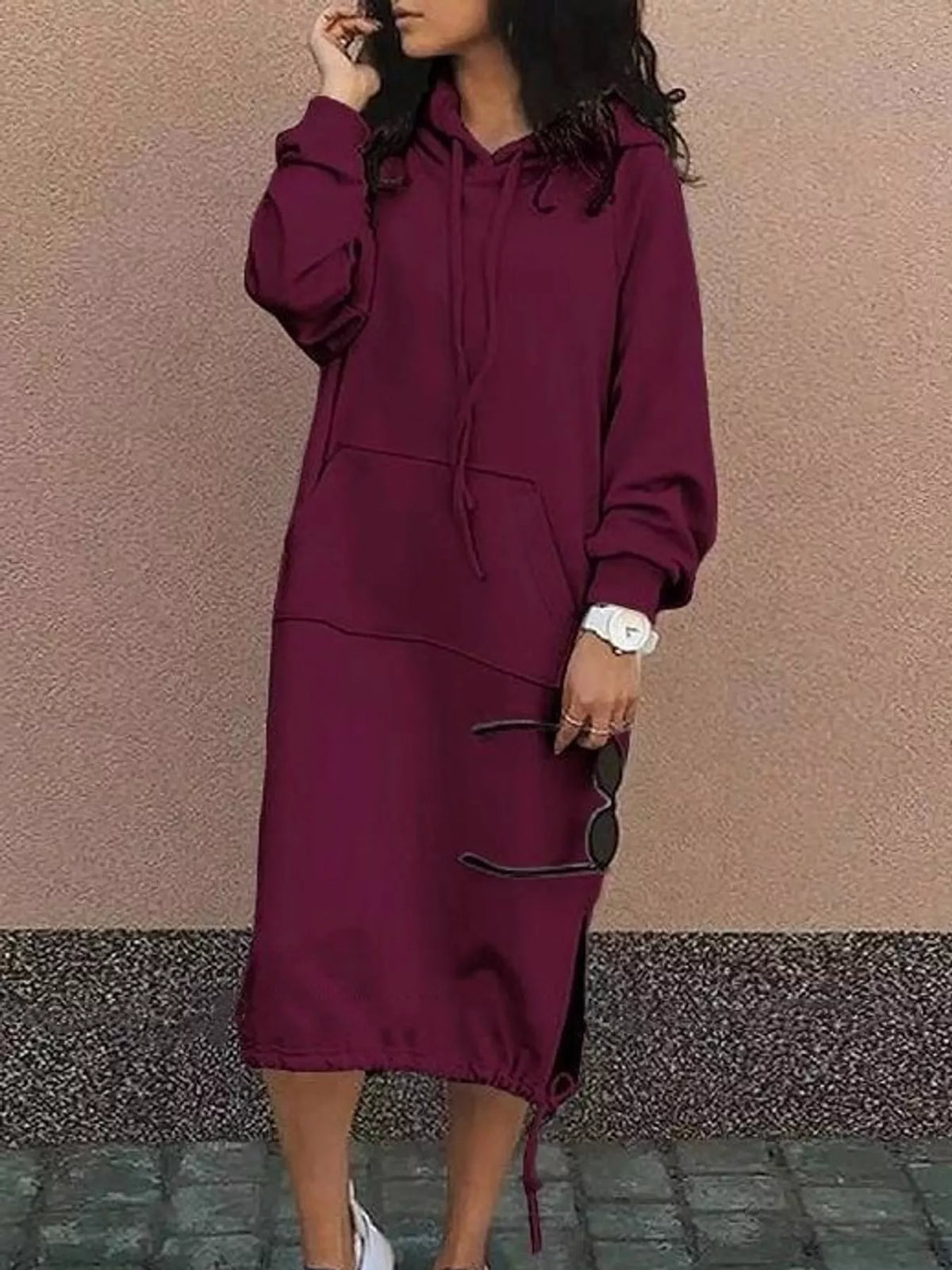 Burgundy hooded sweatshirt midi dress with drawstring hem, front view