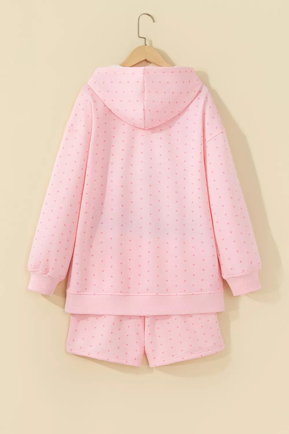 Pink polka dot oversized hoodie and shorts set — back view