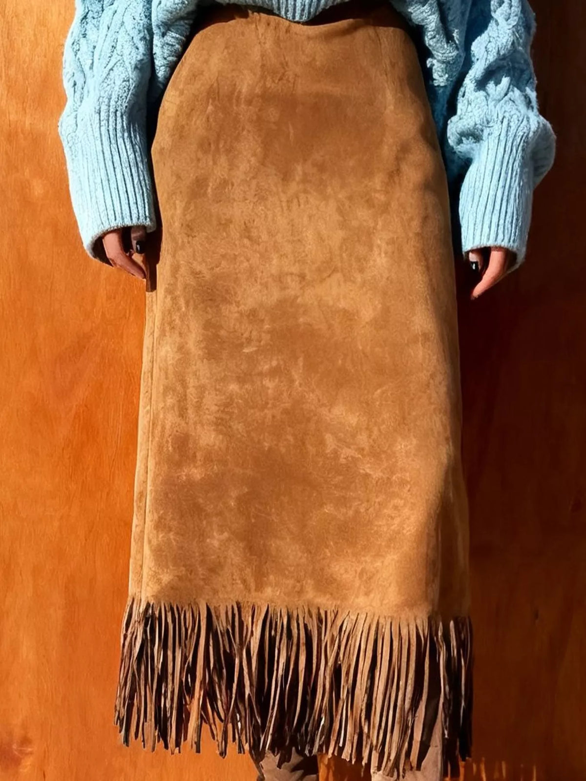 Camel fringe midi skirt