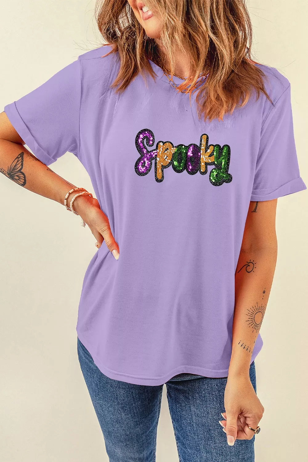 Trendsi Full Size Spooky Sequin Letter Patched Cotton Blend T Shirt Plus Size -
