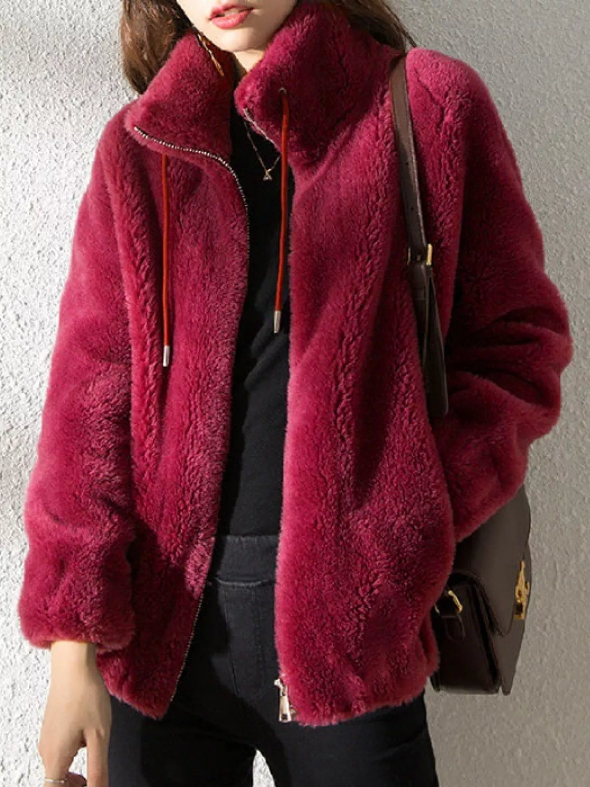 Faux-fur jacket, burgundy front