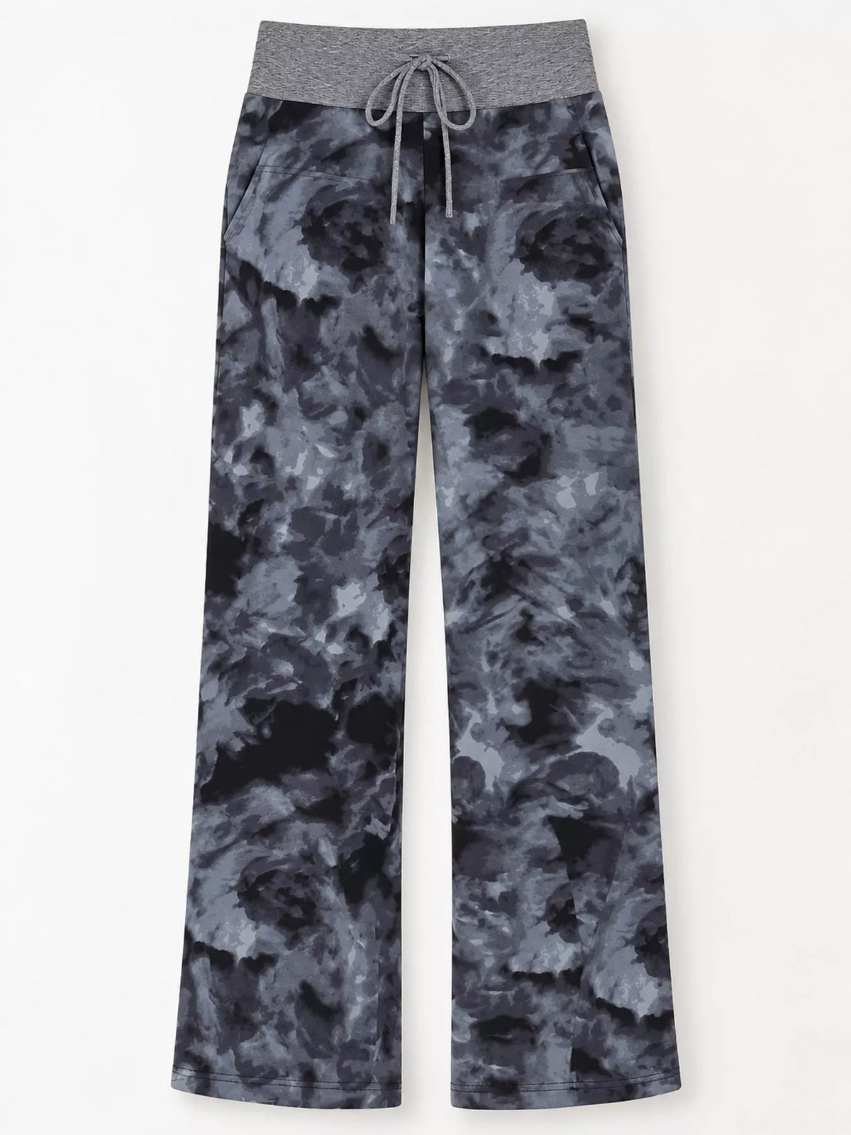 Wide-leg lounge pants, gray tie-dye flat front