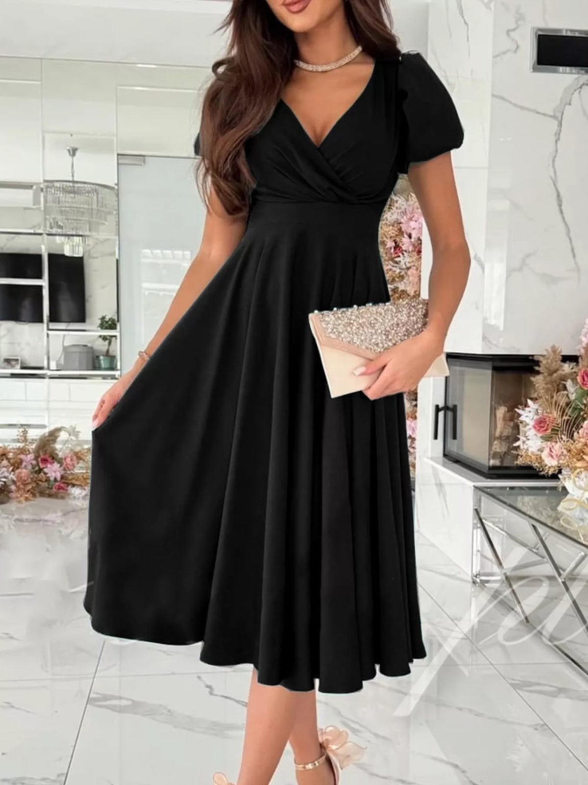 Trendsi Surplice Puff Sleeve Midi Dress -