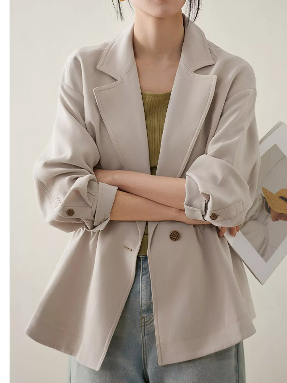 Lapel Collar Button Up Blazer in beige