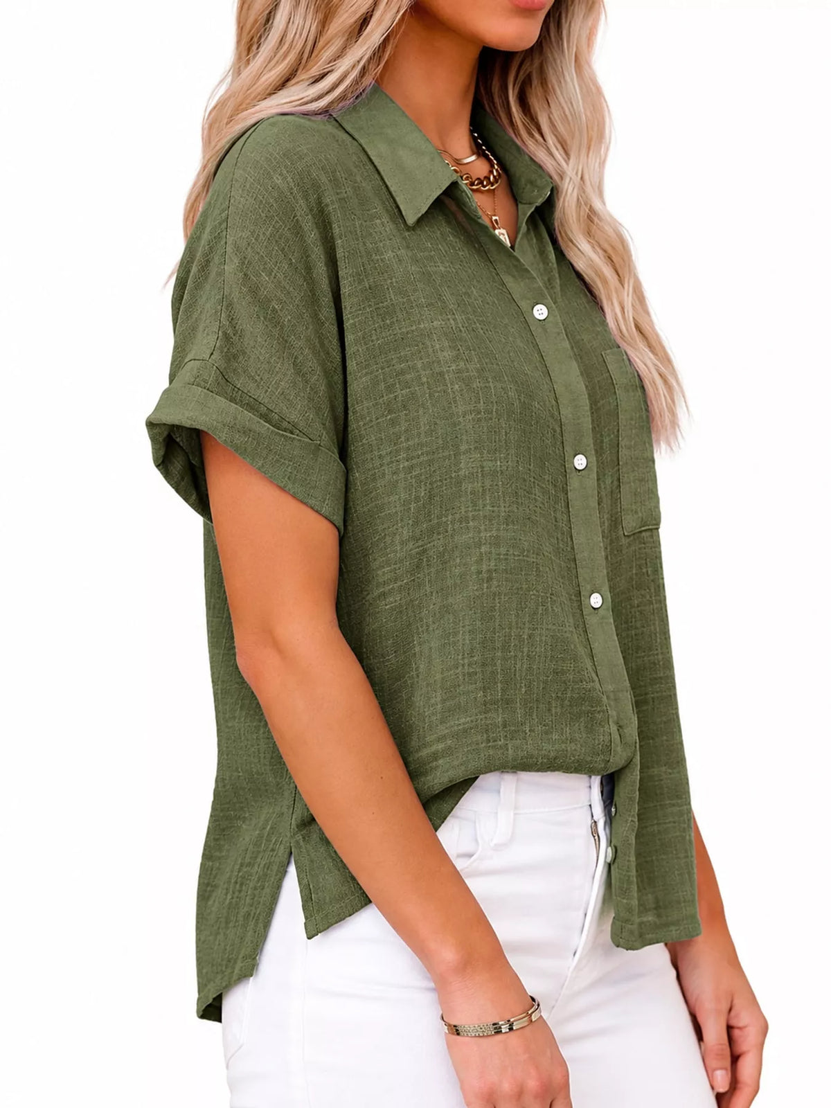 Women's Button Up Short Sleeve Shirt in olive — side view