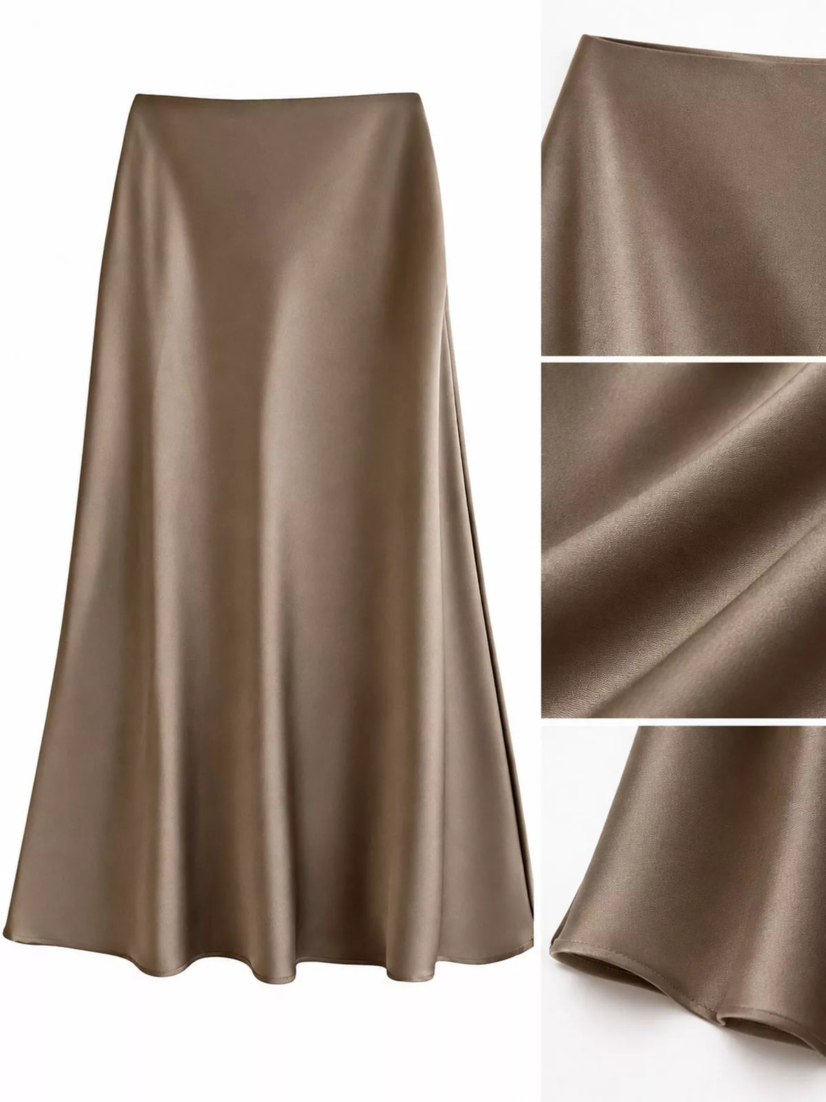 Zip-up satin skirt, taupe waist fabric and hem details