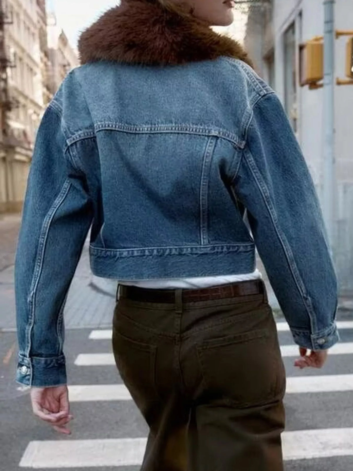 Faux Fur Collar Cropped Denim Jacket, back view in blue