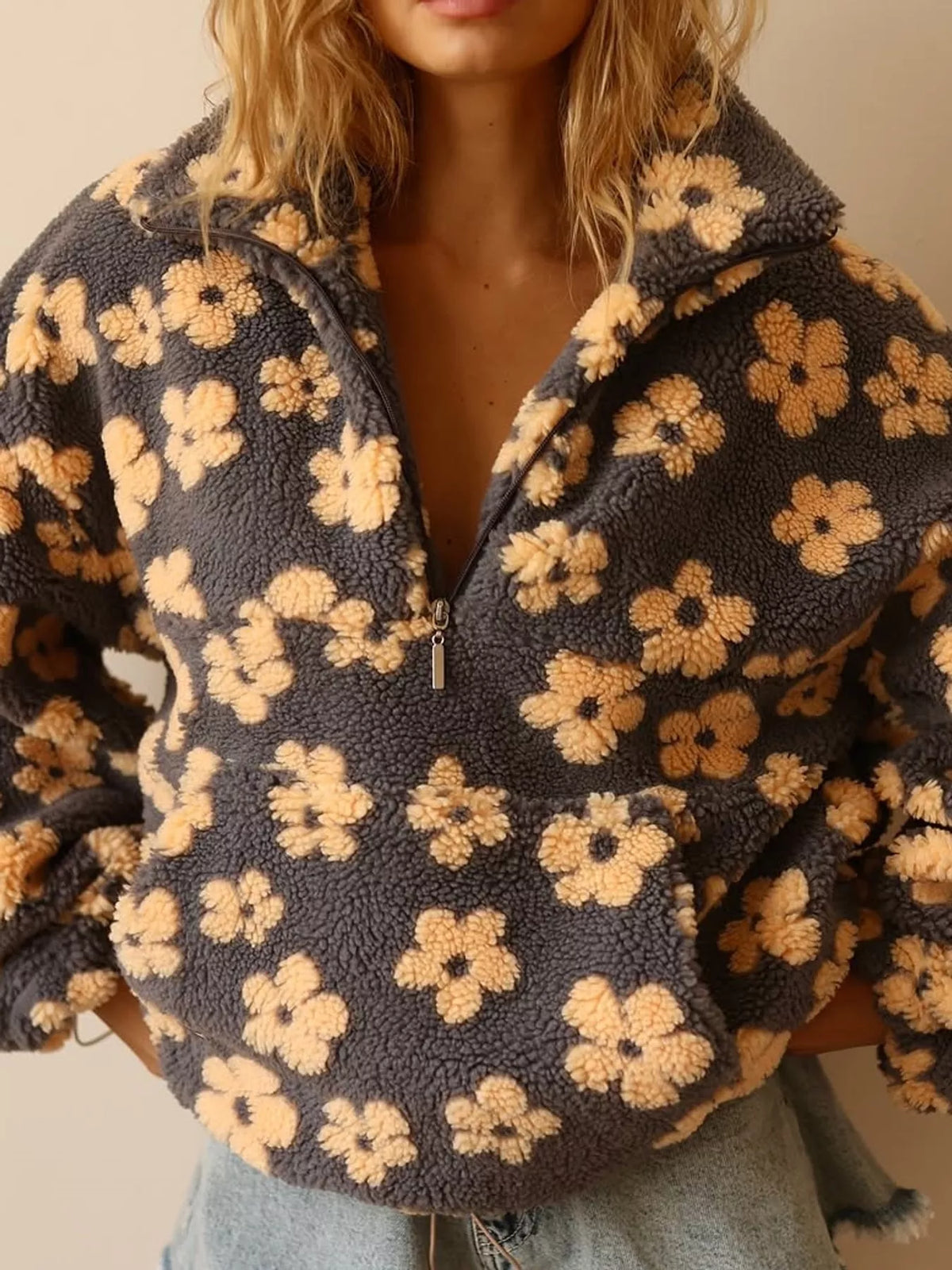 Floral Quarter-Zip Sherpa Sweatshirt in gray with yellow flowers, front view