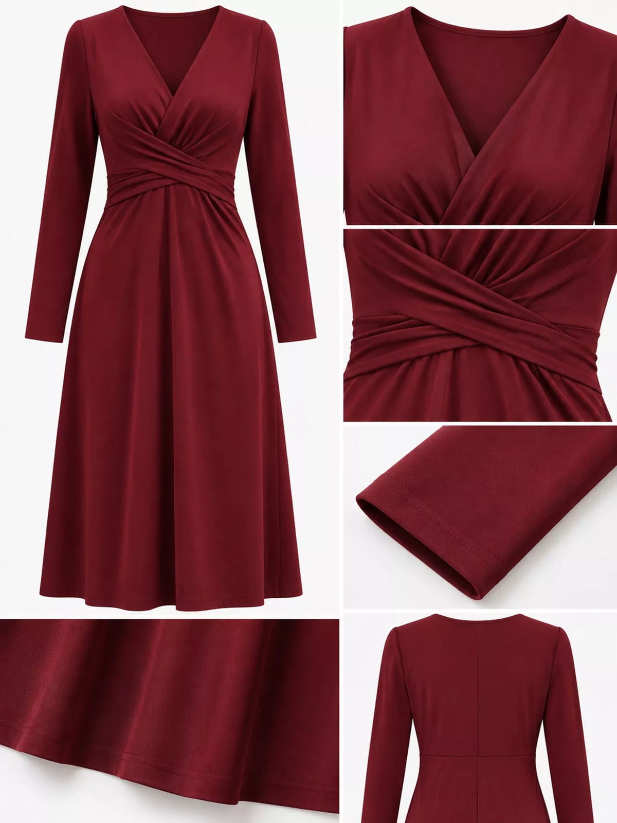 Burgundy long sleeve ruched-front midi dress, neckline waist and construction details
