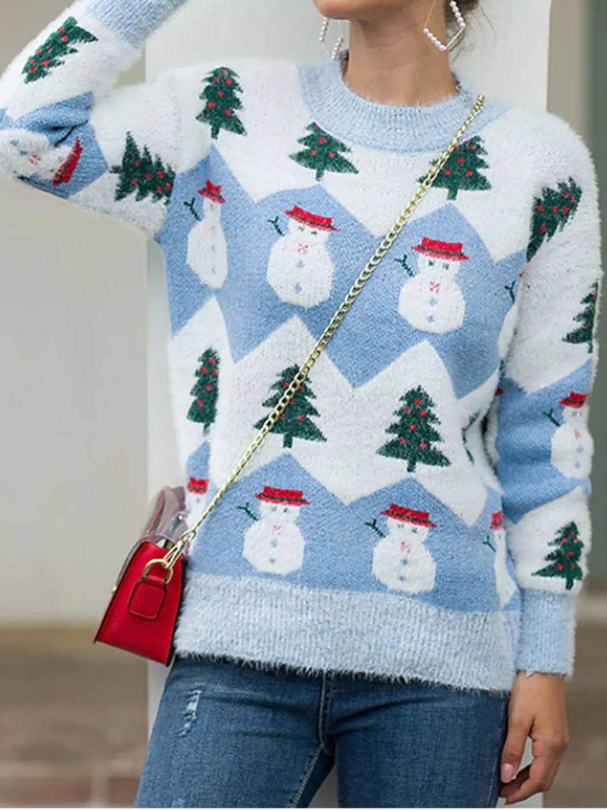 Women's Christmas Snowman Dropped Shoulder Sweater in Blue, alternate view