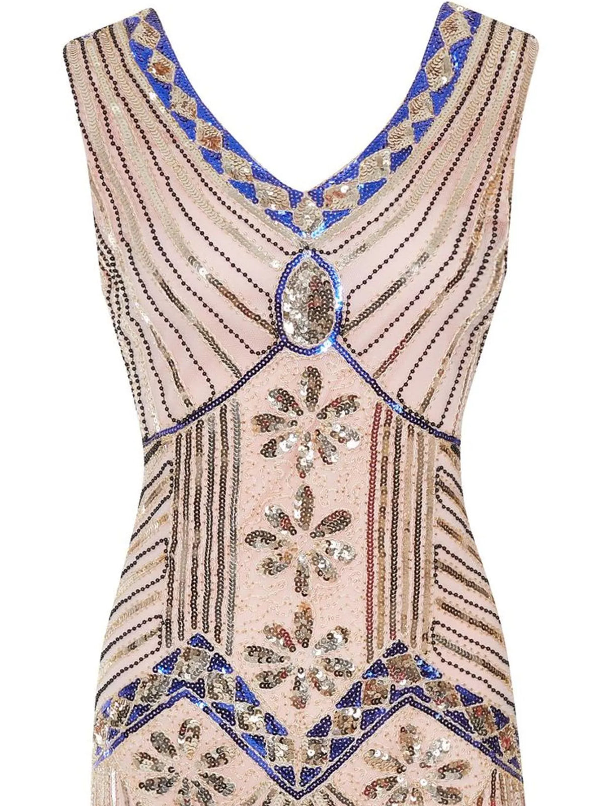 Beige sequin fringe-hem dress, bodice detail