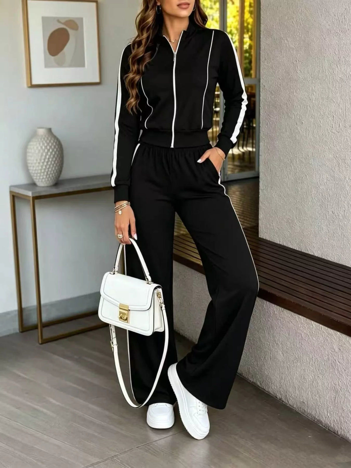 Contrast Zip Up Top and Pants Set in black, front view