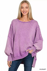 Trendsi Zenana Acid Washed Batwing Sleeve Fleece Sweatshirt -