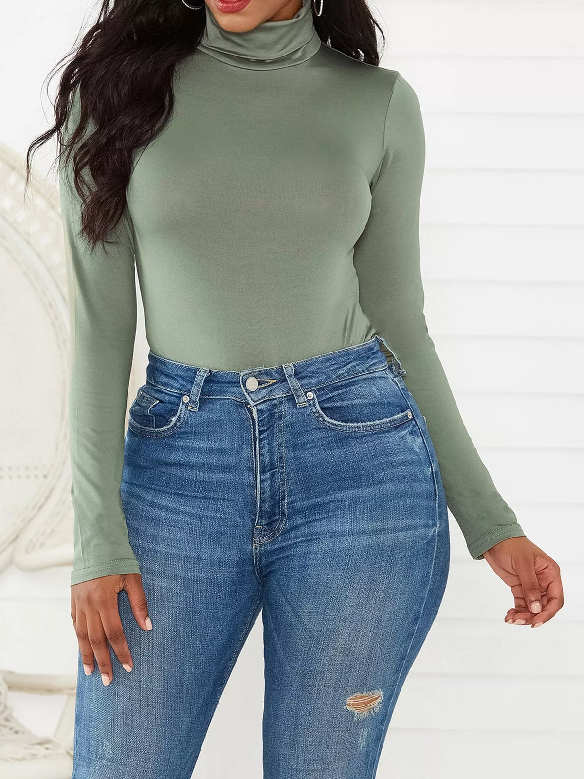 Long Sleeve Turtleneck Slim-Fit Bodysuit in green