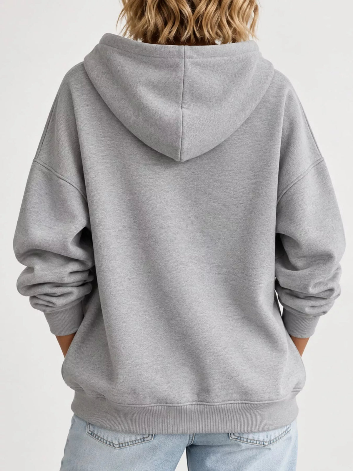 Women's Drawstring Dropped Shoulder Hoodie in gray — back view