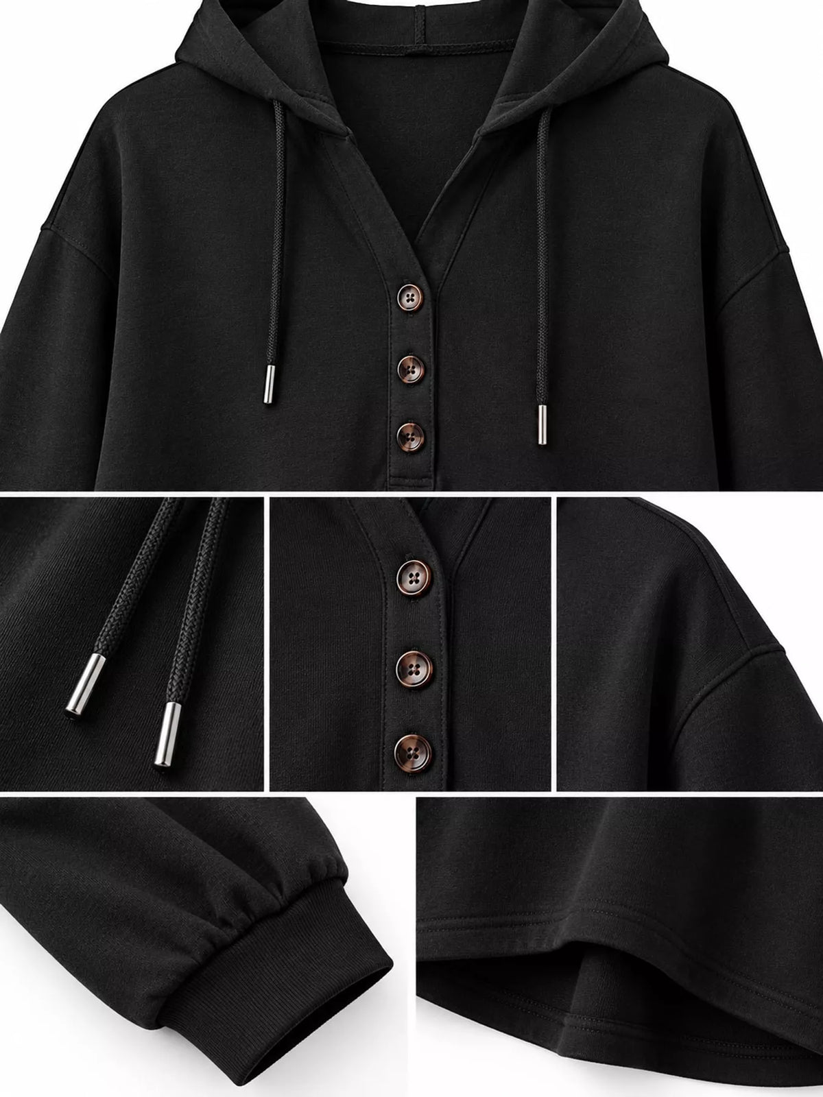 Women's Button Placket Drawstring Dropped Shoulder Hoodie in black — detail collage view
