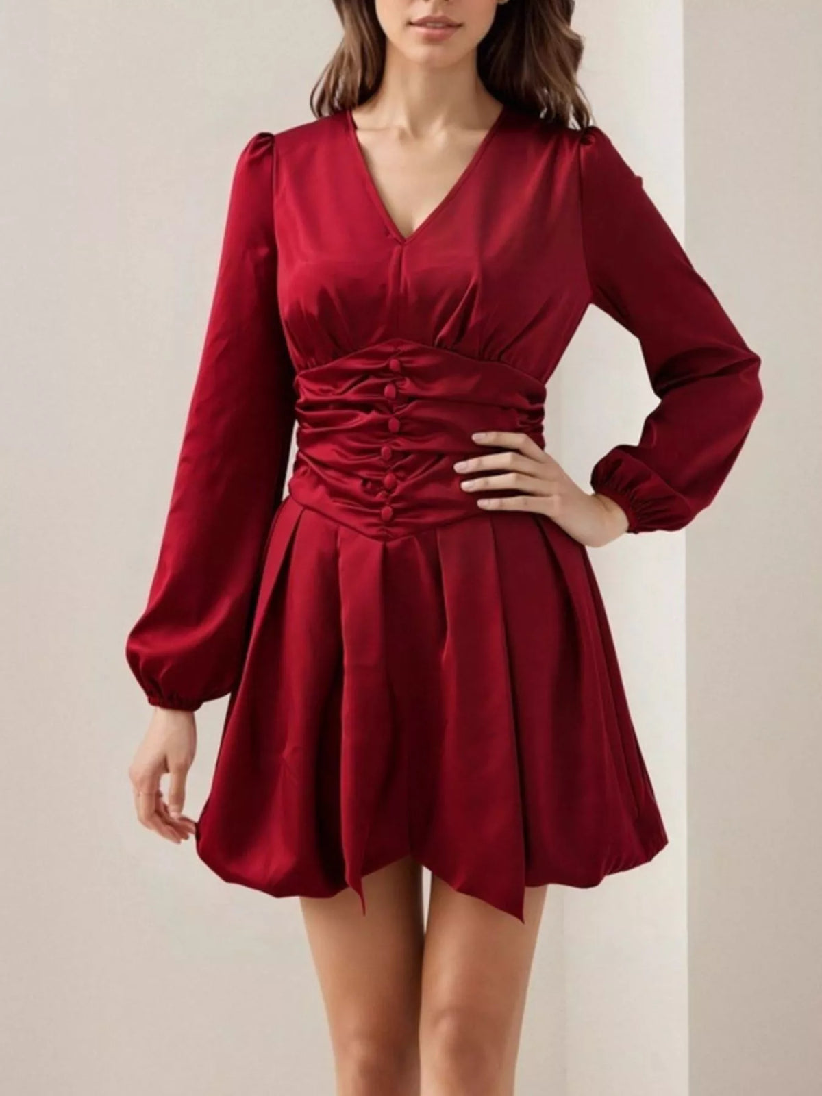 Red Ruched V-Neck Balloon-Sleeve Mini Dress front view