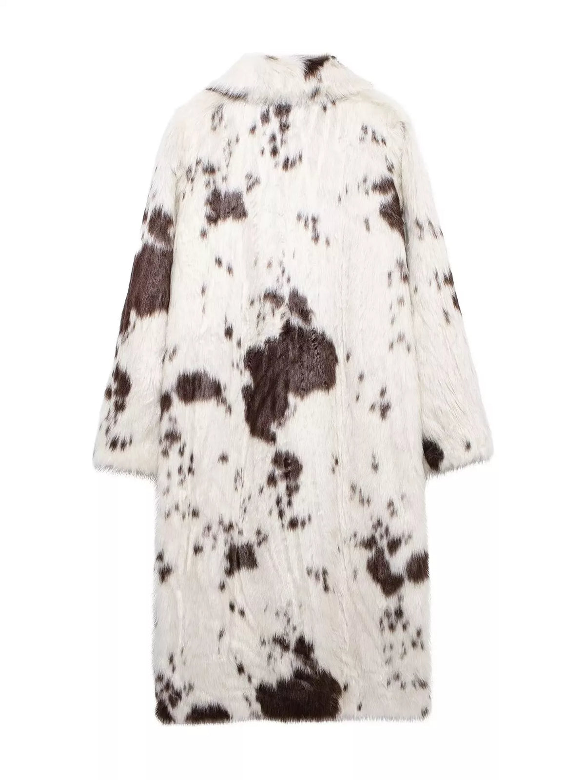 Cow Print Faux Fur Longline Coat, back view in animal print