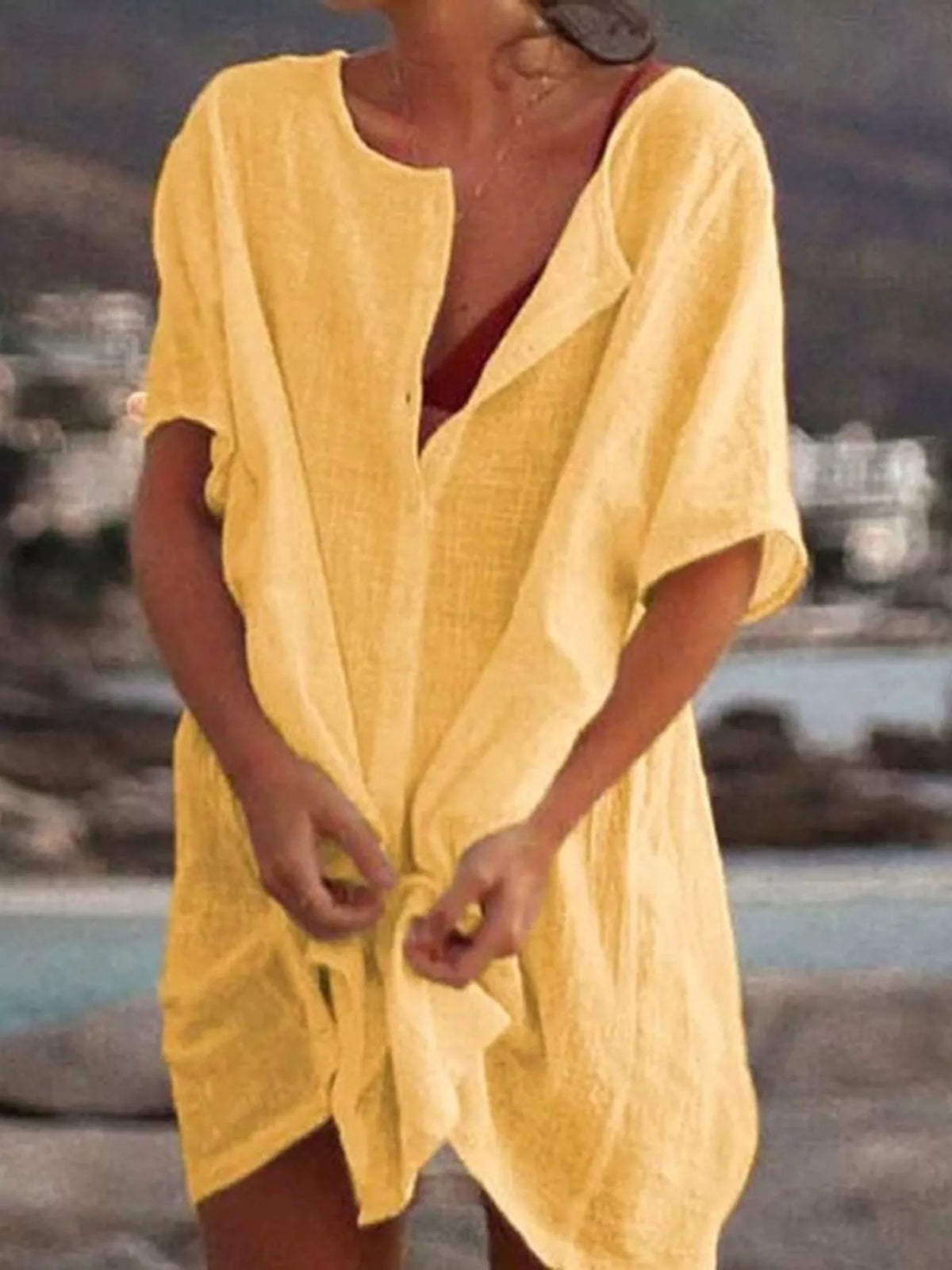 Linen-blend shirt, yellow knotted front