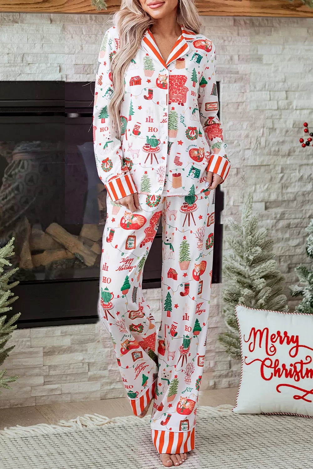 Christmas Print Button-Front Lounge Set, front view