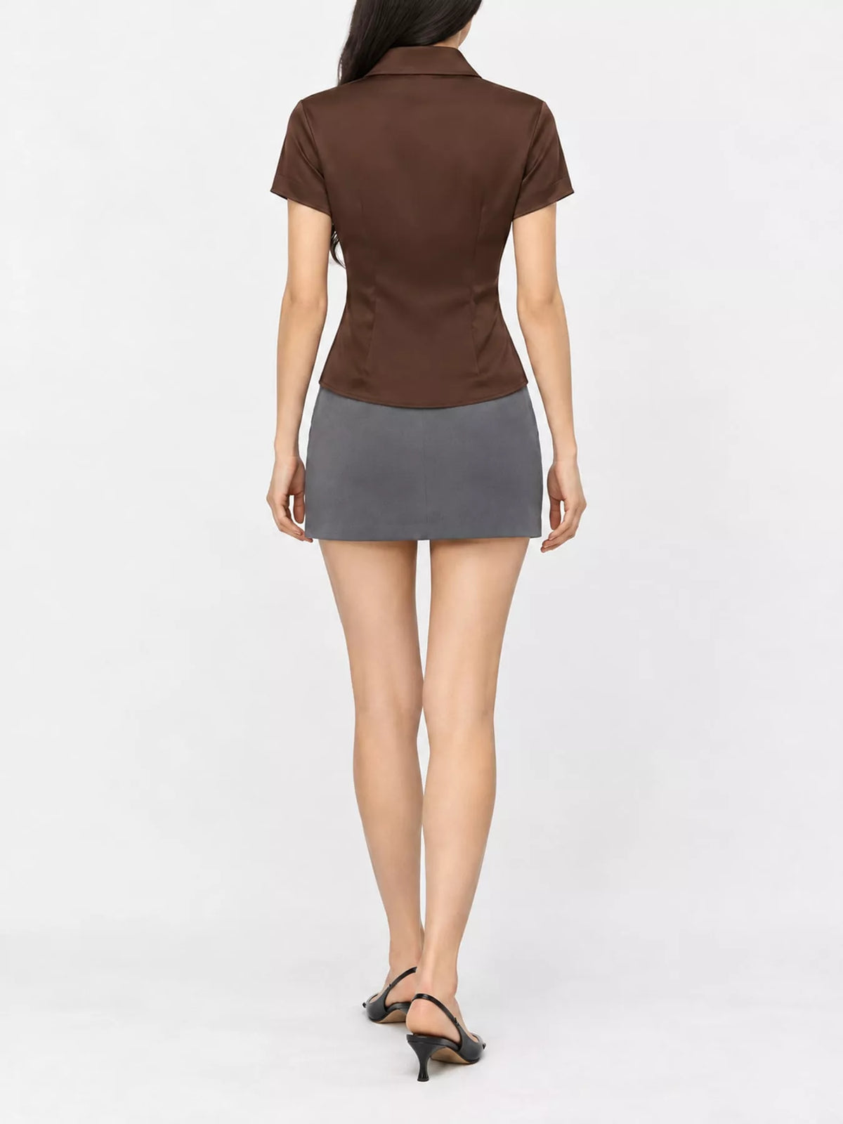 Satin Short Sleeve Button-Down Shirt, back view in brown