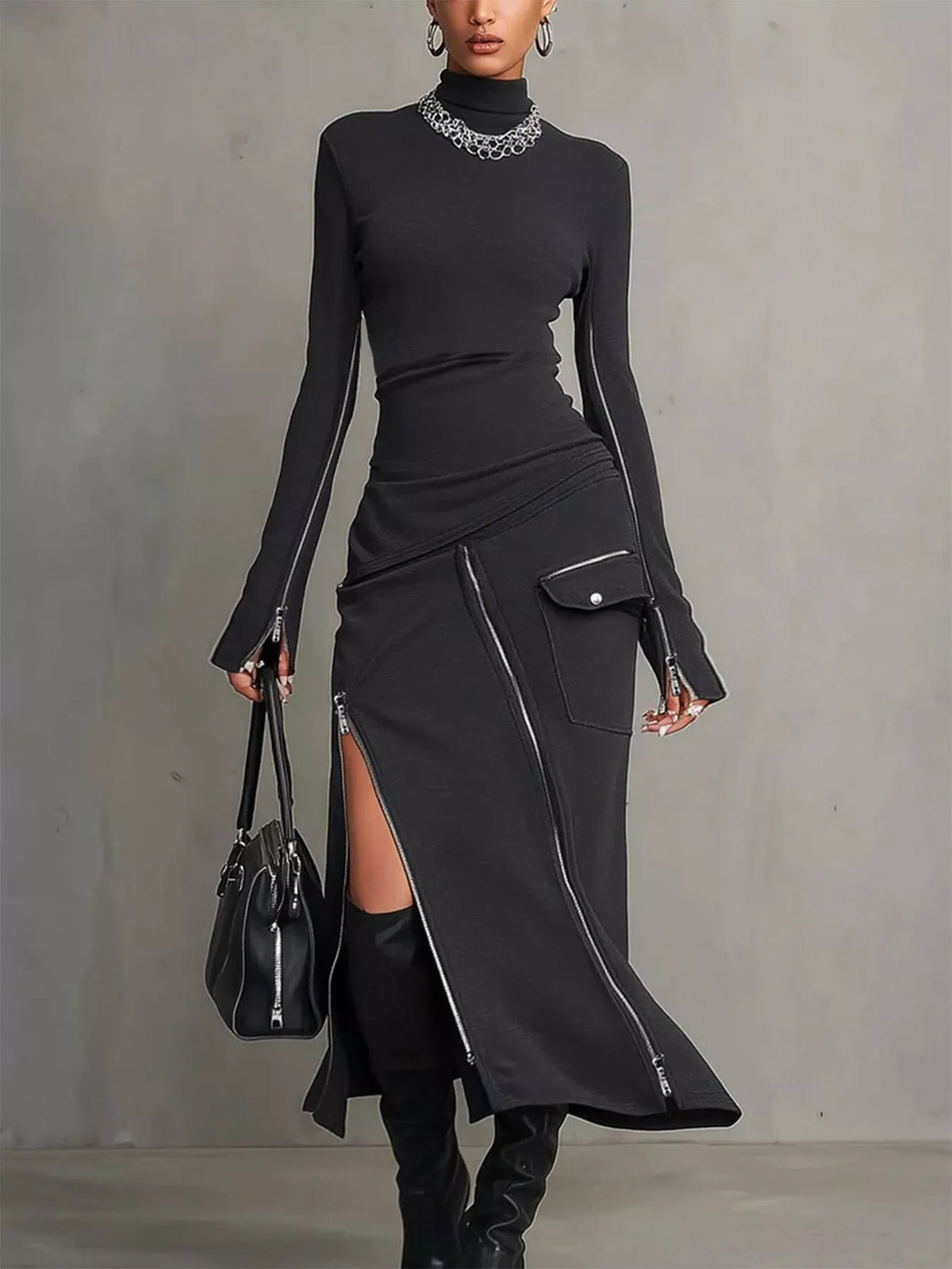 Trendsi Mock Neck Long Sleeve Zipper Detail Maxi Dress -