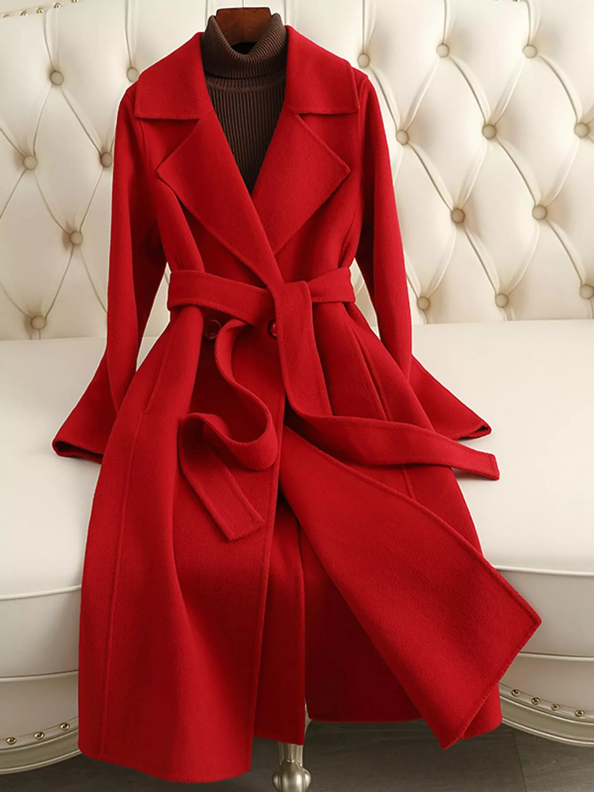 Red belted longline wool coat