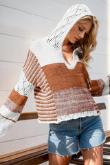 Trendsi Double Take Full Size Openwork Contrast Long Sleeve Hooded Sweater -