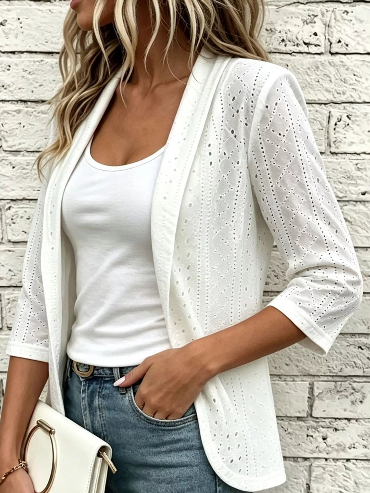 Eyelet Open-Front Cardigan — front view