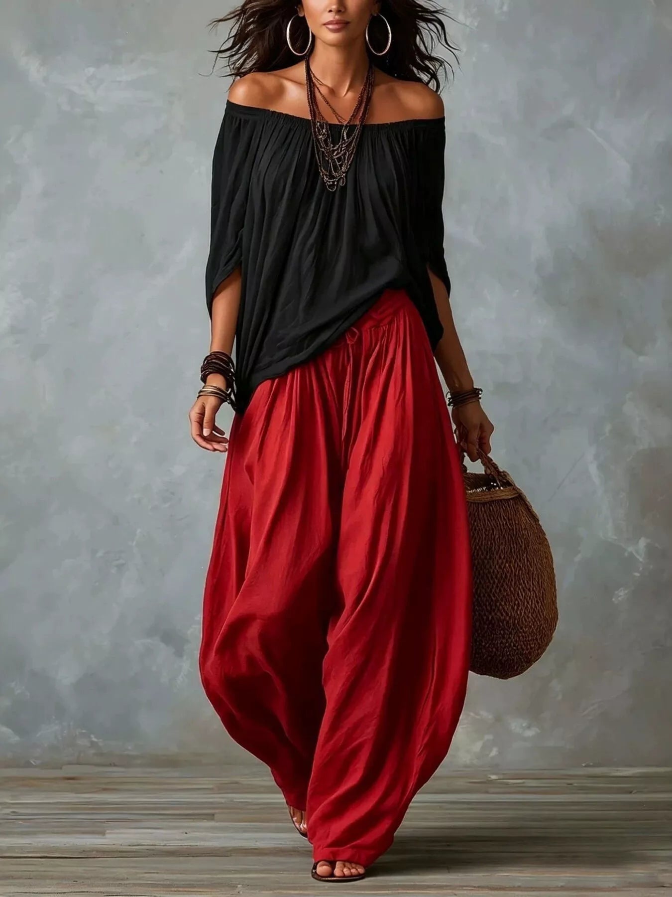 Trendsi Full Size Off-Shoulder Top and Wide-Leg Harem Pants Set Plus Size -