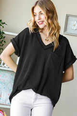 Trendsi Heimish Full Size Front Pocket Short Sleeve Ribbed Top - Shirts