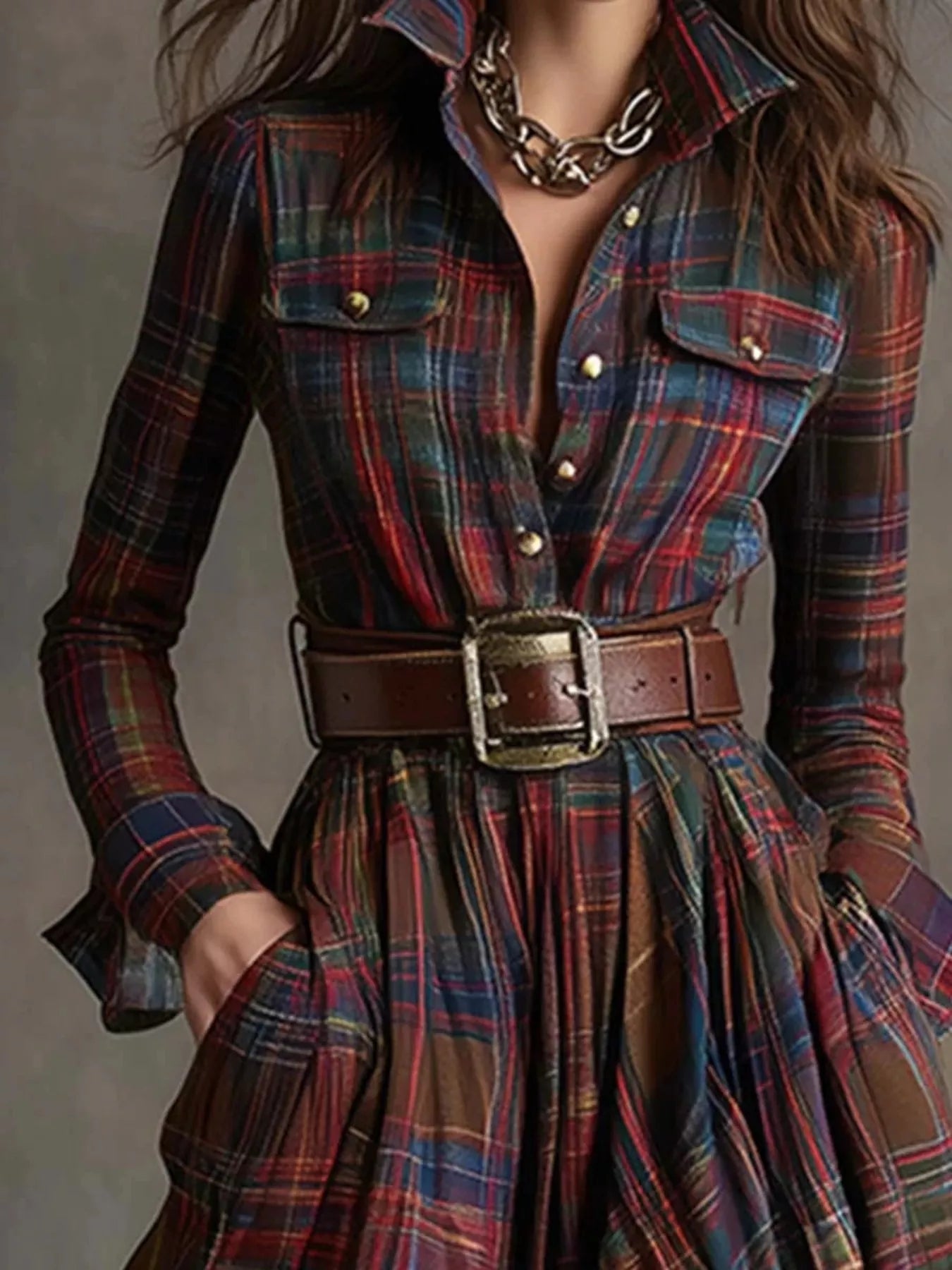 Trendsi Full Size Plaid Long Sleeve Shirt Maxi Dress Plus Size -
