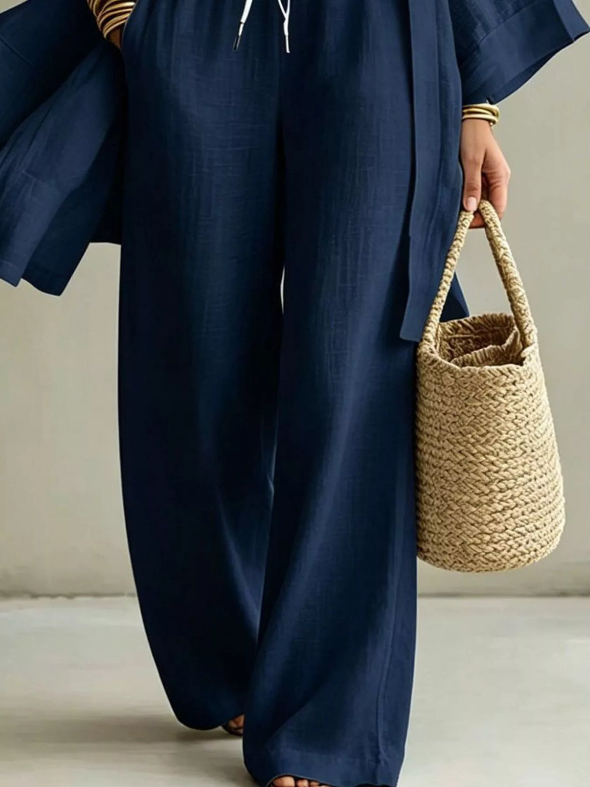 V-Neck Top, Cardigan and Pants Three-Piece Set in navy, construction detail