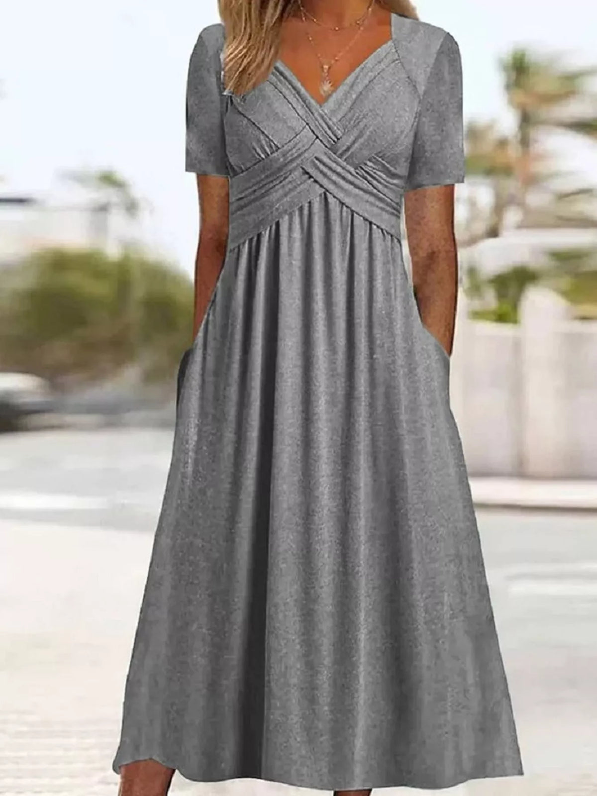 Gray crisscross short sleeve midi dress, front view