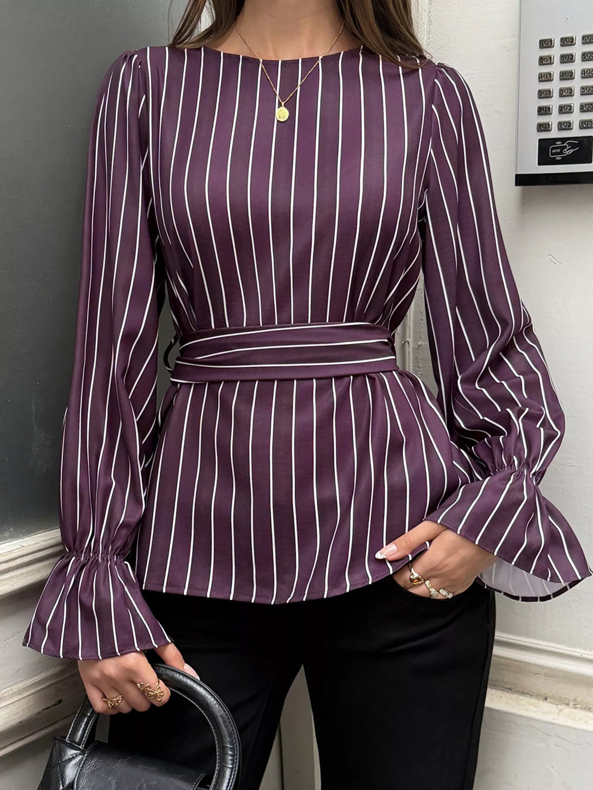 Striped Flounce Sleeves Blouse in purple striped, front view