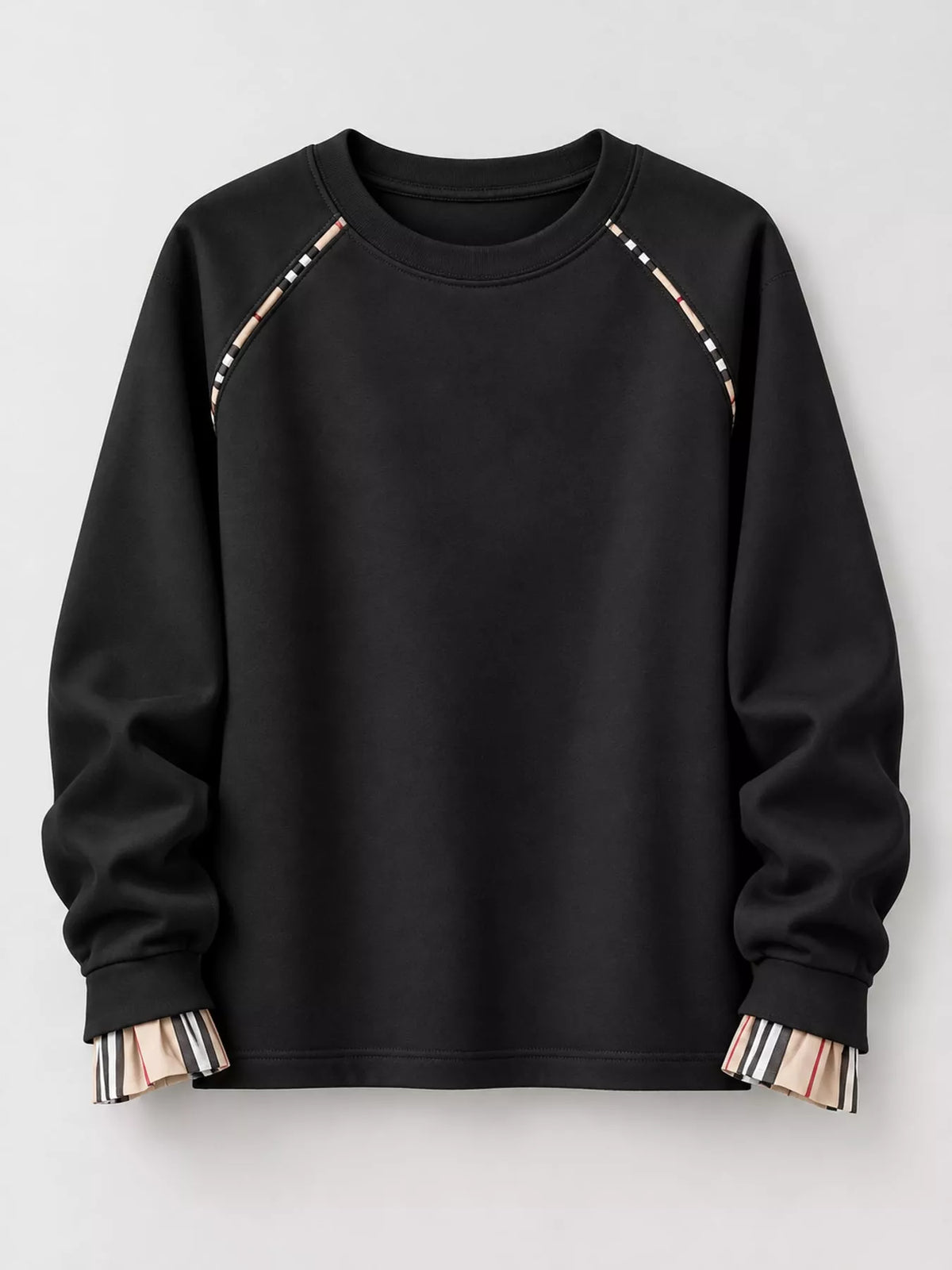 Plaid-trim sweatshirt, black flat lay