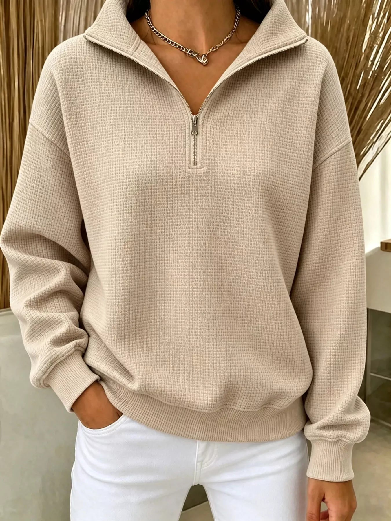 Trendsi Full Size Waffle Knit Quarter-Zip Sweatshirt Plus Size -