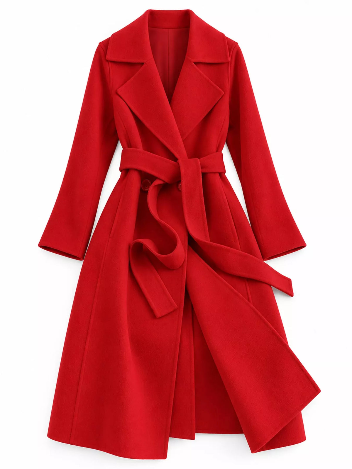 Red belted longline wool coat