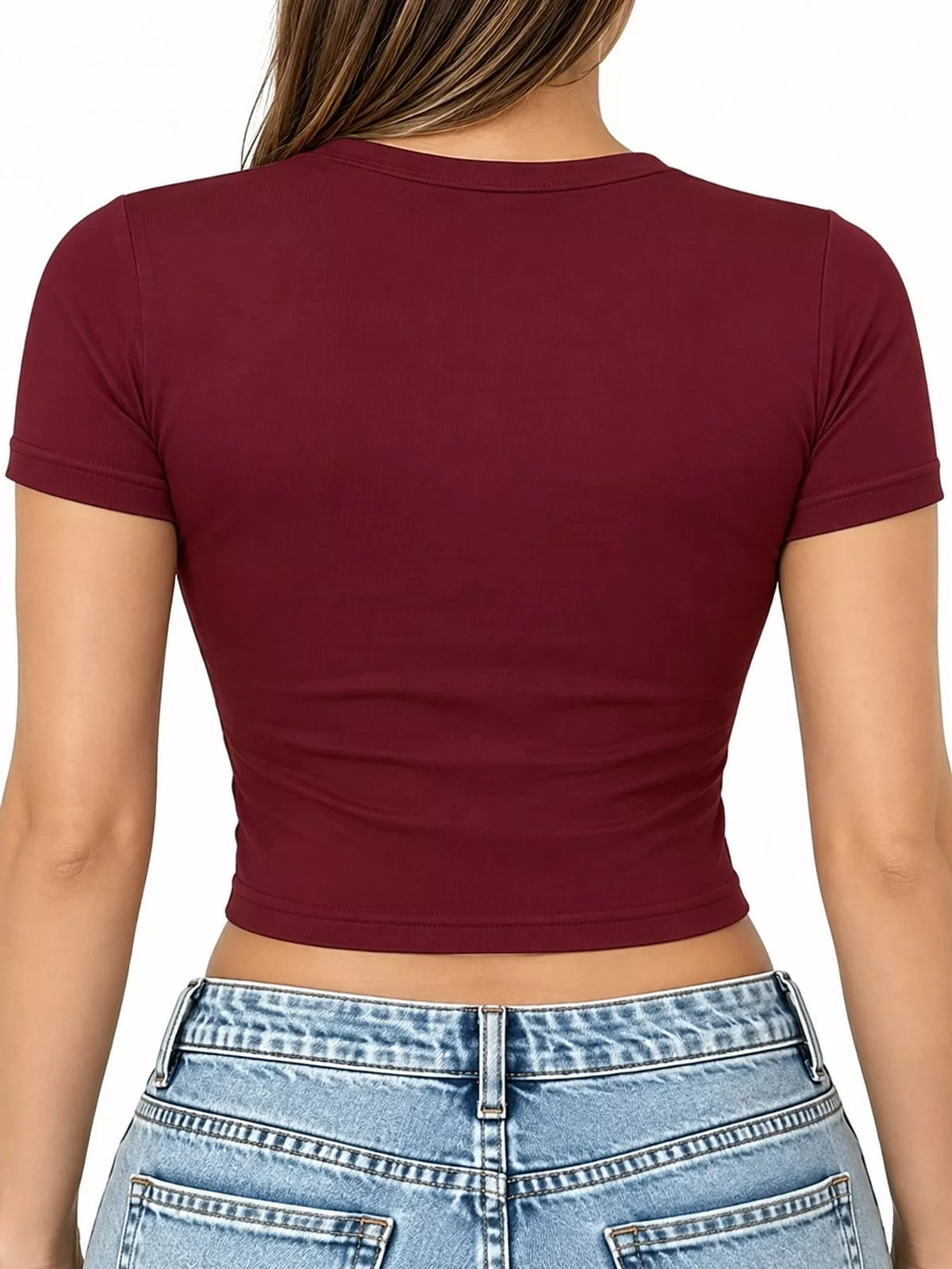 Burgundy crew neck crop T-shirt, back view